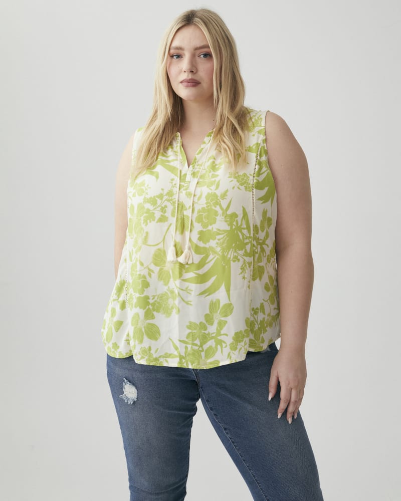 Front of a model wearing a size 1X Gwenda Boho Floral Print Sleeveless Top in Light Green / Ivory by Molly & Isadora. | dia_product_style_image_id:266525